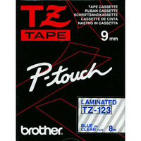 TZ-123 PTouch Tape TZ 9mm -- BLUE on CLEAR*