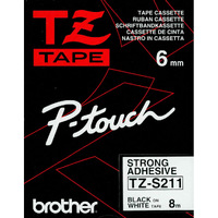 TZ-S211 PTouch Tape 6mm Strong Adhesive -- BLACK on WHITE*
